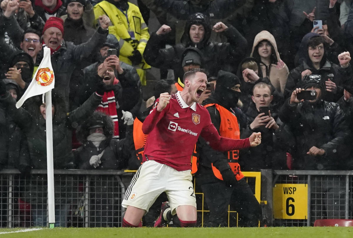 Wout Weghorst pictured celebrating after scoring at Old Trafford for the first time in March 2023